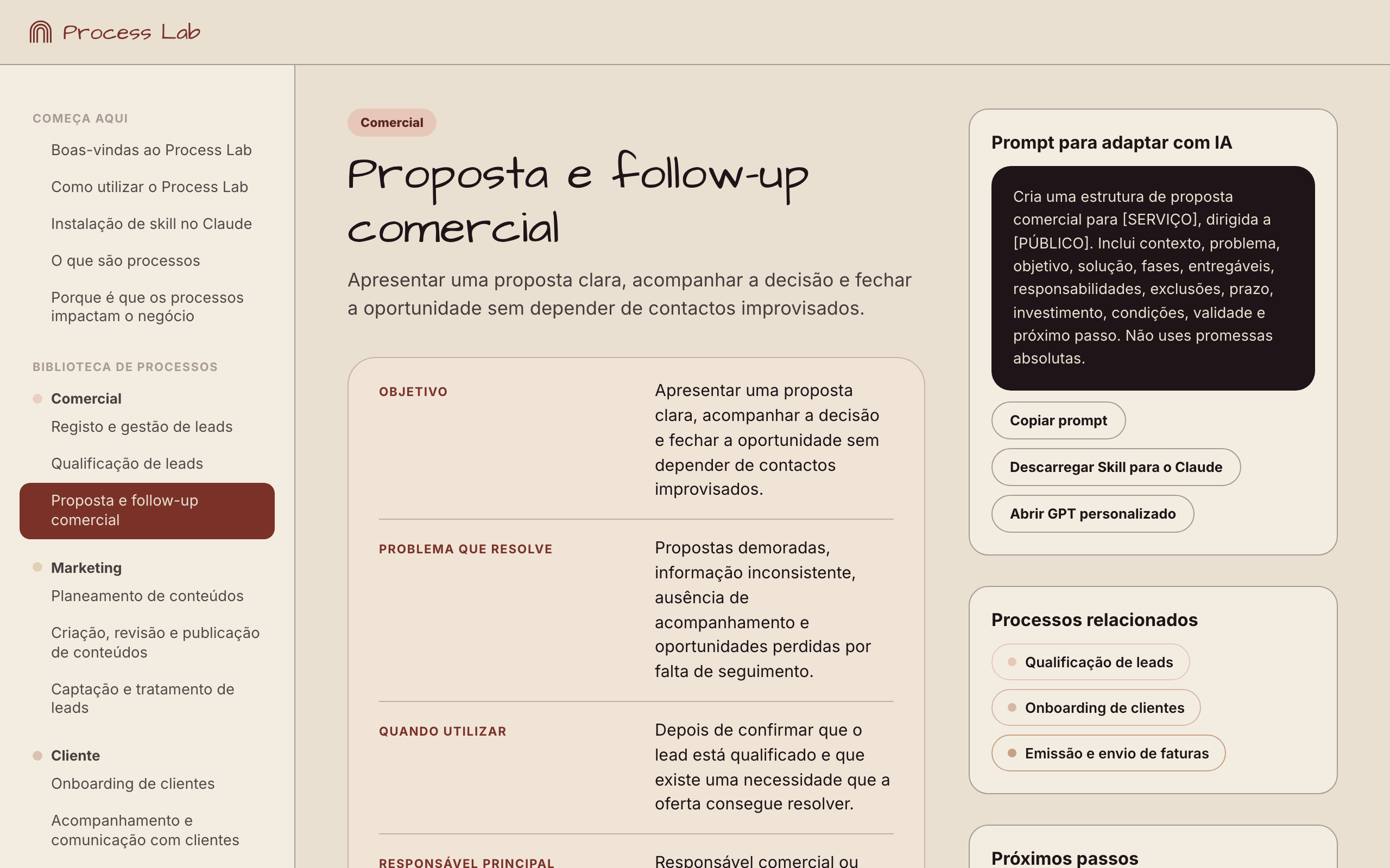 Process Lab — página de um processo com objetivo, procedimento e prompt de IA